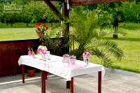 Svatební tabule v bílé a růžové barvě s dekoracemi